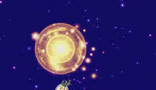 a glowing yellow sphere is surrounded by glowing stars on a dark blue background