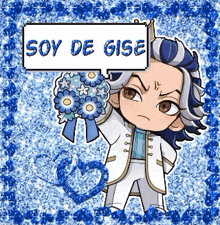 a cartoon character holding a bouquet of blue flowers with a sign that says soy de gise