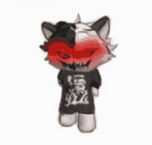 a black and white cat with red eyes is wearing a black shirt with a skull on it 's chest .