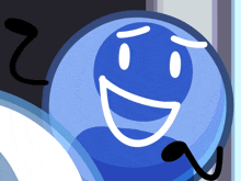a blue cartoon character with a white face and black arms