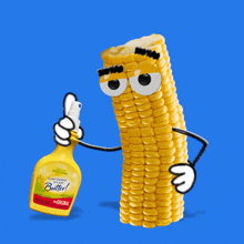 a cartoon drawing of a corn on the cob with a bottle of mustard on it