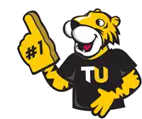 a cartoon tiger wearing a tu shirt is holding up a yellow foam finger