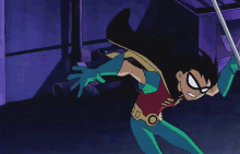 a cartoon of robin holding a sword in front of a purple box with the letter w on it