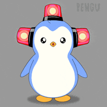 a penguin wearing headphones and a red light on its head with the word pengu on the bottom