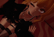 a girl with a necklace around her neck is laying down