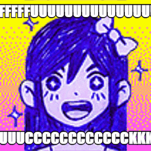 a picture of a girl with blue hair and a bow on her head .
