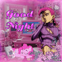 a picture of a man and a pink pony with the words good night written on it