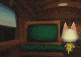 a video game character named blanca is standing in front of green chairs