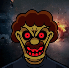 a clown with red eyes and a mustache