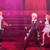 a group of anime characters are dancing on a stage in front of a crowd .