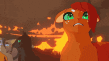 a group of cartoon animals are standing in front of a fire
