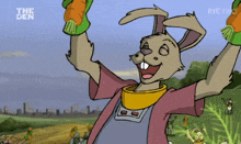 a cartoon of a rabbit holding a carrot with the den written on the bottom right