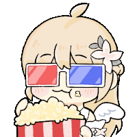 a cartoon girl wearing 3d glasses is eating popcorn