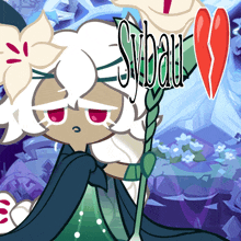 a cartoon girl with a flower in her hair and the word sybau on the bottom