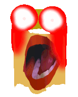 a cartoon face with red eyes and a mouth