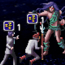a pixel art of a man holding a sign that says ' ii ' on it