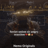 a man stands in front of a blackboard with the words soviet union sir angry reaction written on it