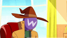a cartoon character wearing a witch hat with a w on his face