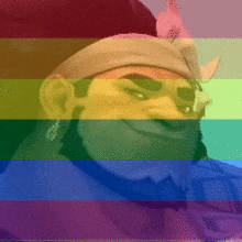 shrek is wearing a rainbow colored hat and sunglasses