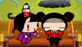 a couple of cartoon characters sitting on a couch with a cloud above them