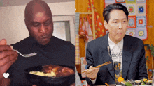 a man eating a bowl of food and another man eating sushi with chopsticks
