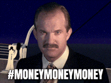 a man in a suit and tie is standing in front of a ship with the words #moneymoneymoney written below him