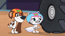 a dog and a cat are standing next to each other and the dog has a helmet with the letter v on it