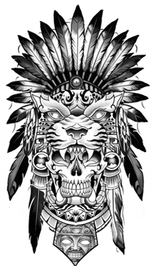 a black and white drawing of a native american chief with a skull and feathers .