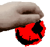 a pixel art of a hand holding a red and black object .
