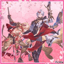 a couple of anime characters standing next to each other on a pink background with the word love in the corner