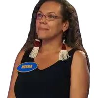 a woman wearing glasses and earrings has a name tag that says neena