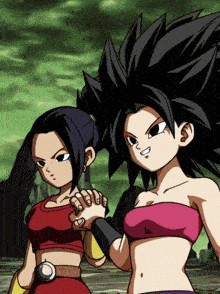 a couple of anime characters standing next to each other with one wearing a red top