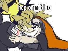 a drawing of a couple kissing with the words hop on roblox