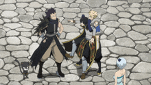 a group of anime characters standing on a cobblestone street