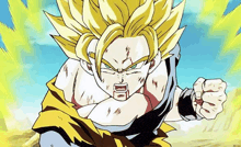 a close up of a cartoon character with a fist in the air and a blue sky in the background .