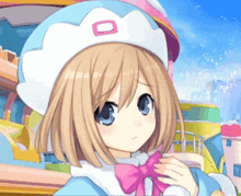 a girl in a white hat with a pink o on it