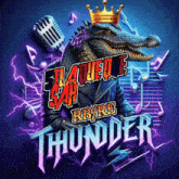 a crocodile wearing a crown and a leather jacket with the words thunder on the bottom