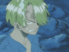 a close up of a cartoon character with a blue shirt on