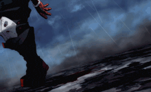 a person walking in the rain with blood on their feet