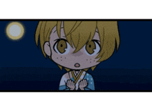 a cartoon of a boy with yellow hair and a blue shirt