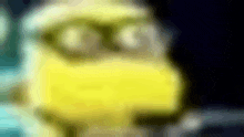 a close up of a cartoon character wearing glasses and a hat .