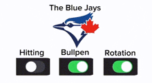 a blue jay with a red maple leaf and the words hitting bullpen and rotation below it