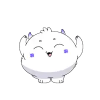 a white cartoon character with purple horns and a purple square on its cheek