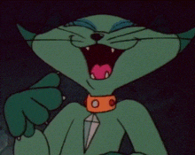 a green cartoon cat with a diamond collar is yawning
