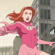 a woman in a pink superhero costume with an atom logo on the chest