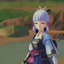 a blue haired anime character with a sword in her hands