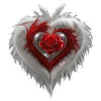 a picture of a heart with feathers and a red rose