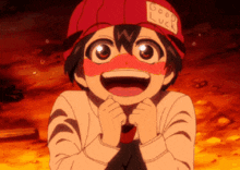 a cartoon character with a red hat that says good luck