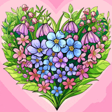 a heart made of pink and blue flowers and green leaves