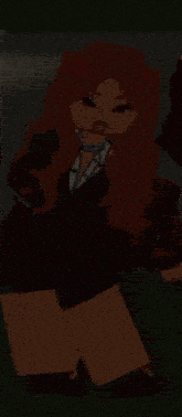 a girl with red hair is standing in the dark .